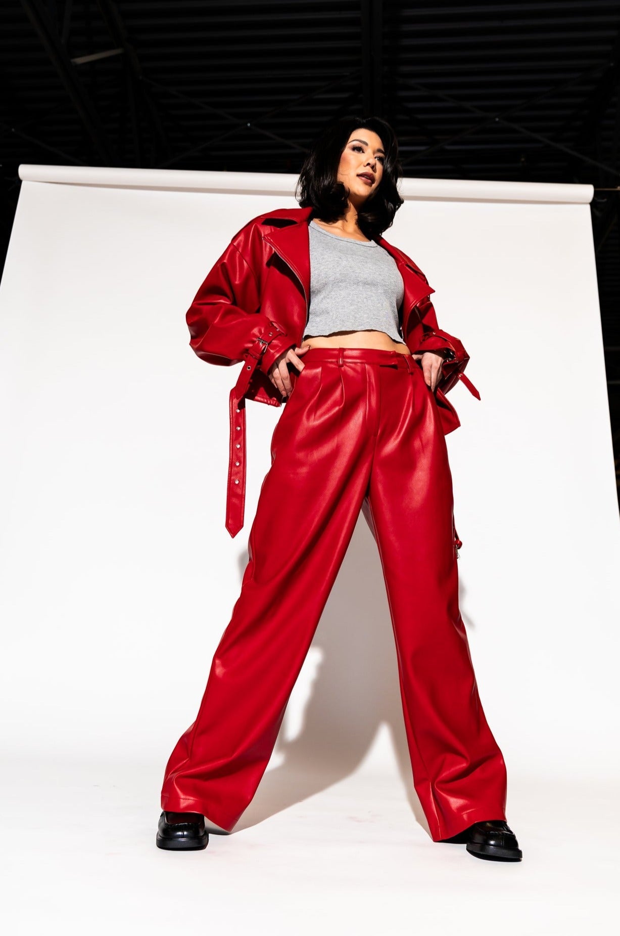 LALA ORIGINAL: Told My Mom About You Buttery Soft Vegan Leather Trousers in Cherry Red - Dressed in Lala