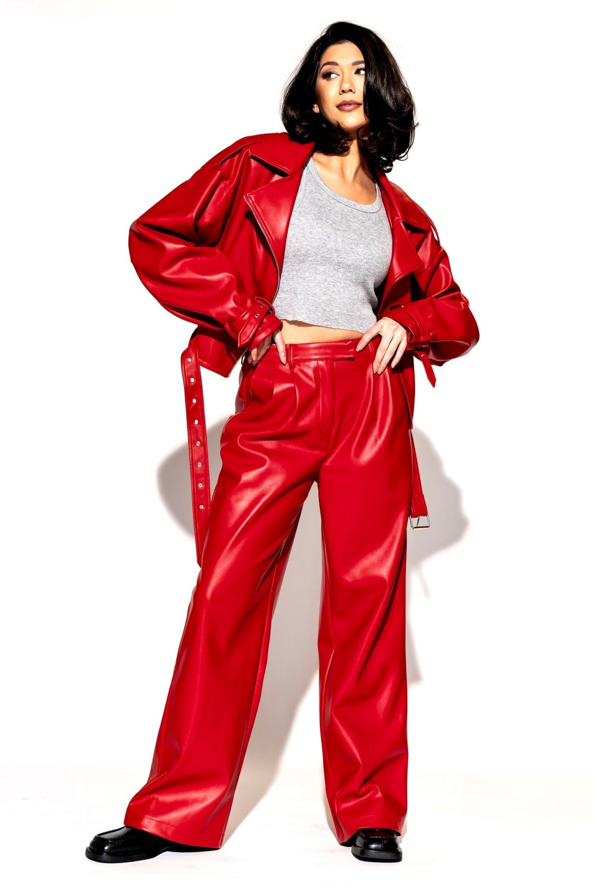 LALA ORIGINAL: Told My Mom About You Buttery Soft Vegan Leather Trousers in Cherry Red - Dressed in Lala
