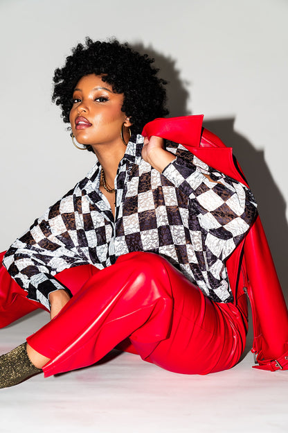 LALA ORIGINAL: Told My Mom About You Buttery Soft Vegan Leather Trousers in Cherry Red - Dressed in Lala