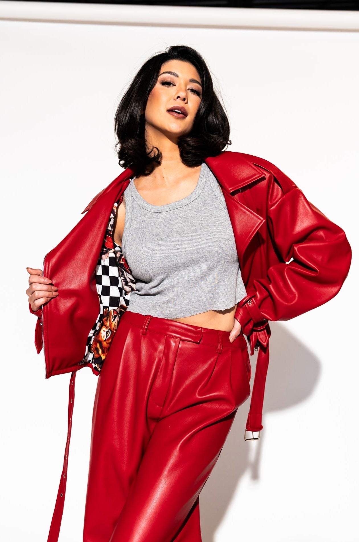 LALA ORIGINAL: Told My Mom About You Buttery Soft Vegan Leather Trousers in Cherry Red - Dressed in Lala