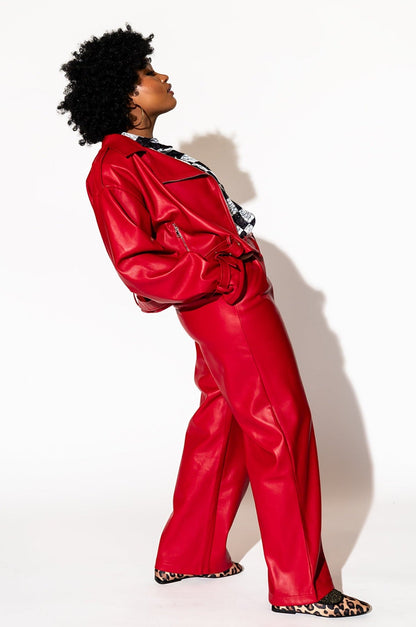 LALA ORIGINAL: Told My Mom About You Buttery Soft Vegan Leather Trousers in Cherry Red - Dressed in Lala