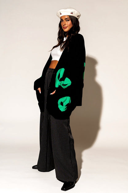 LALA ORIGINAL: Too Cool For You Oversized Alien Cardigan in Black - Dressed in Lala