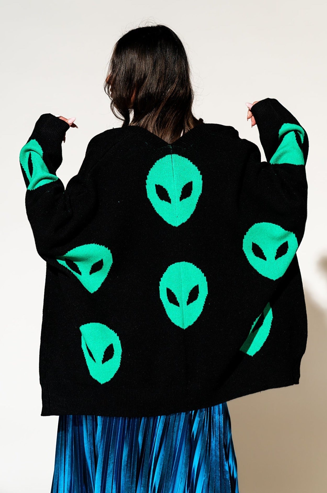 LALA ORIGINAL: Too Cool For You Oversized Alien Cardigan in Black - Dressed in Lala