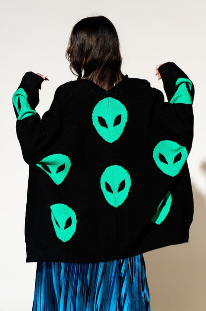 LALA ORIGINAL: Too Cool For You Oversized Alien Cardigan in Black - Dressed in Lala