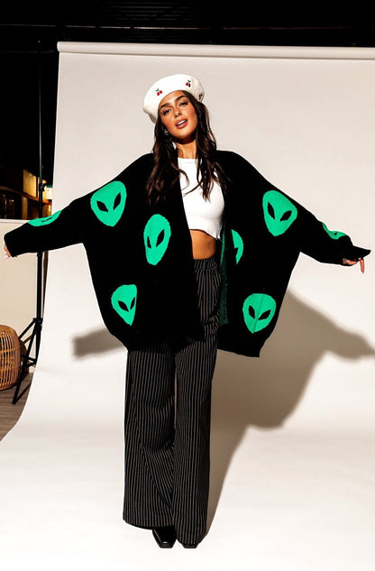 LALA ORIGINAL: Too Cool For You Oversized Alien Cardigan in Black - Dressed in Lala