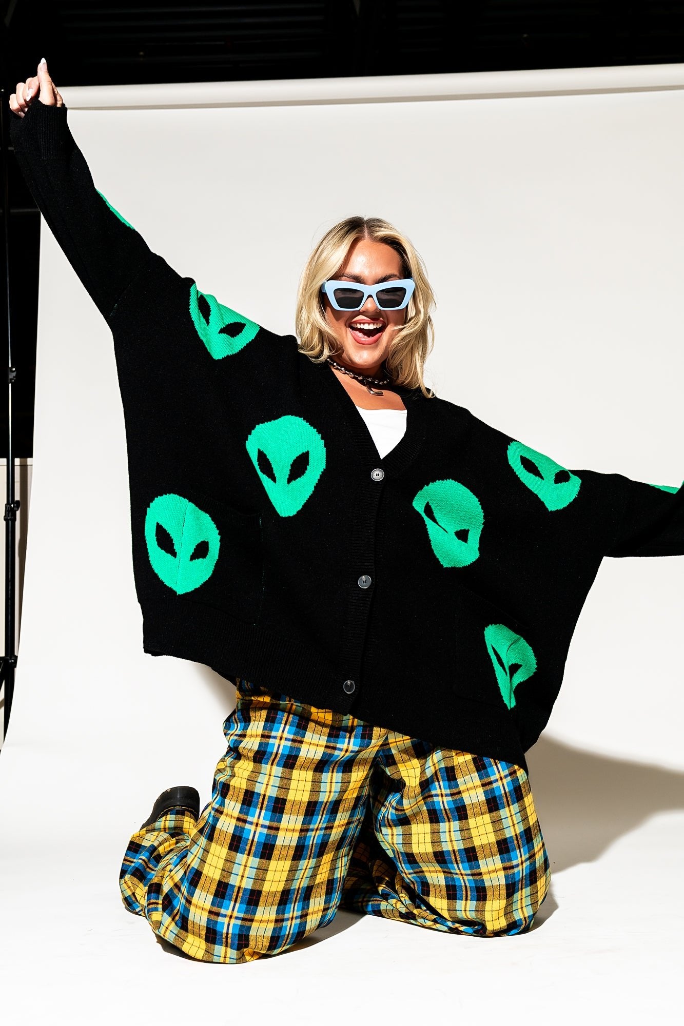 LALA ORIGINAL: Too Cool For You Oversized Alien Cardigan in Black - Dressed in Lala