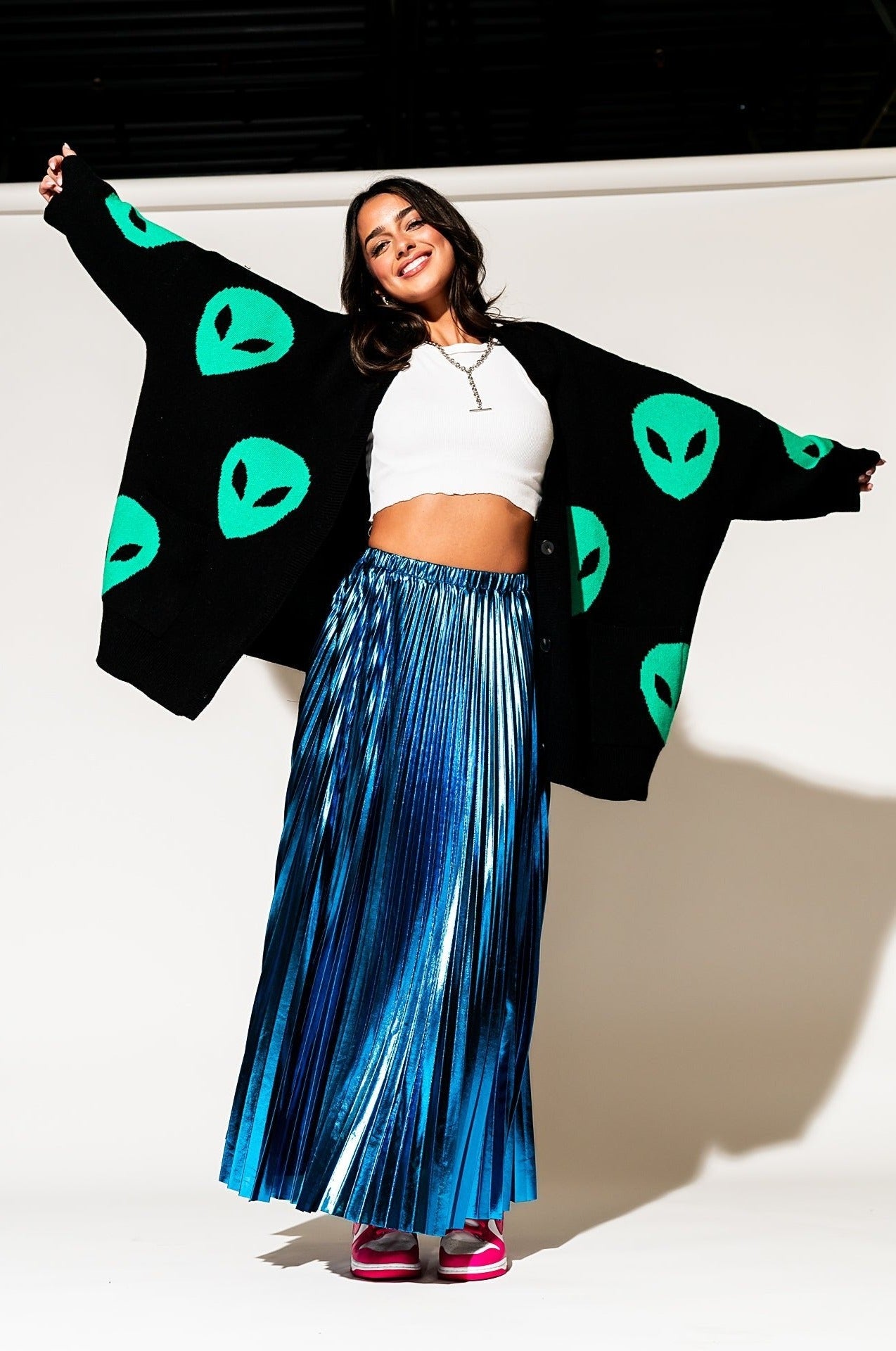 LALA ORIGINAL: Too Cool For You Oversized Alien Cardigan in Black - Dressed in Lala