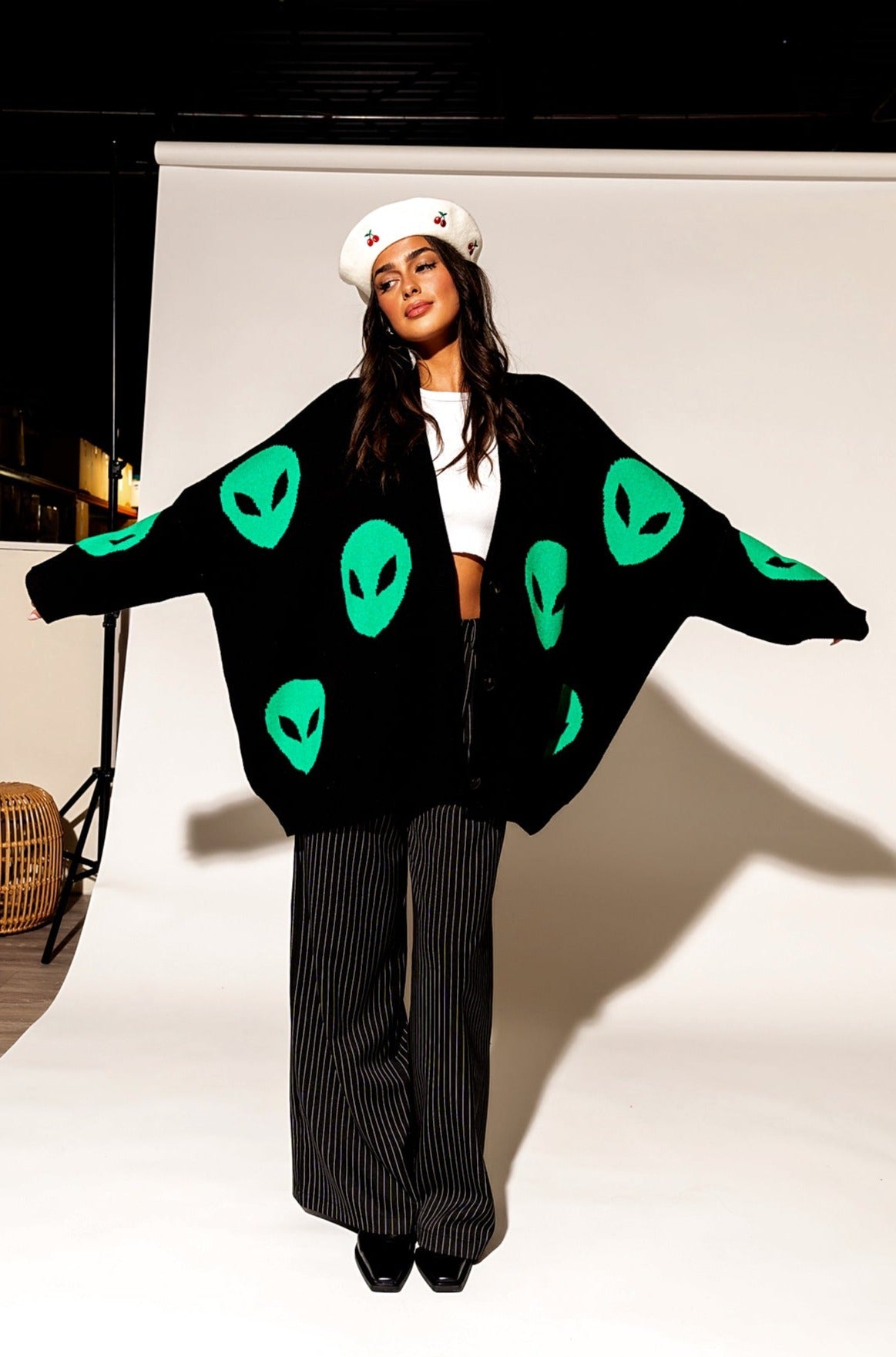 LALA ORIGINAL: Too Cool For You Oversized Alien Cardigan in Black - Dressed in Lala
