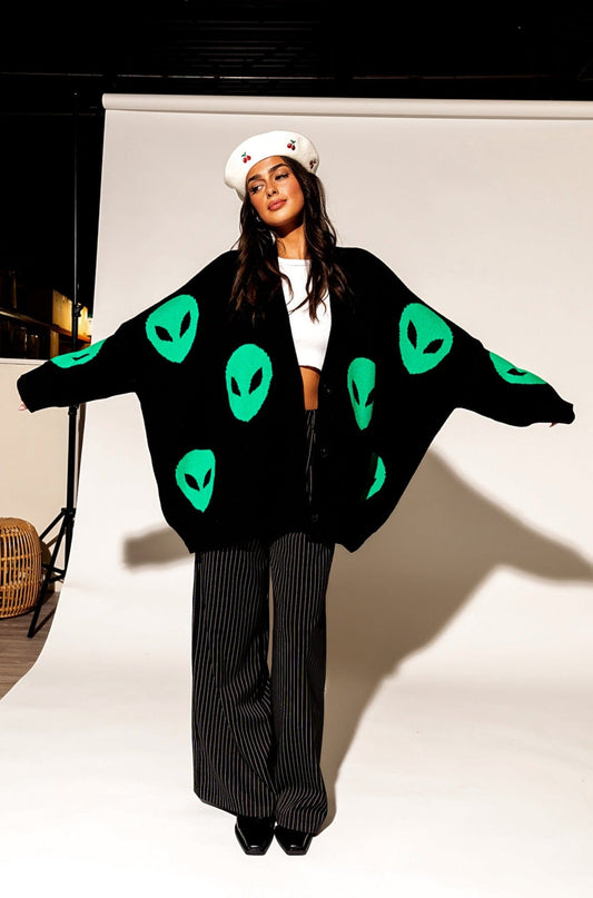 LALA ORIGINAL: Too Cool For You Oversized Alien Cardigan in Black - Dressed in Lala