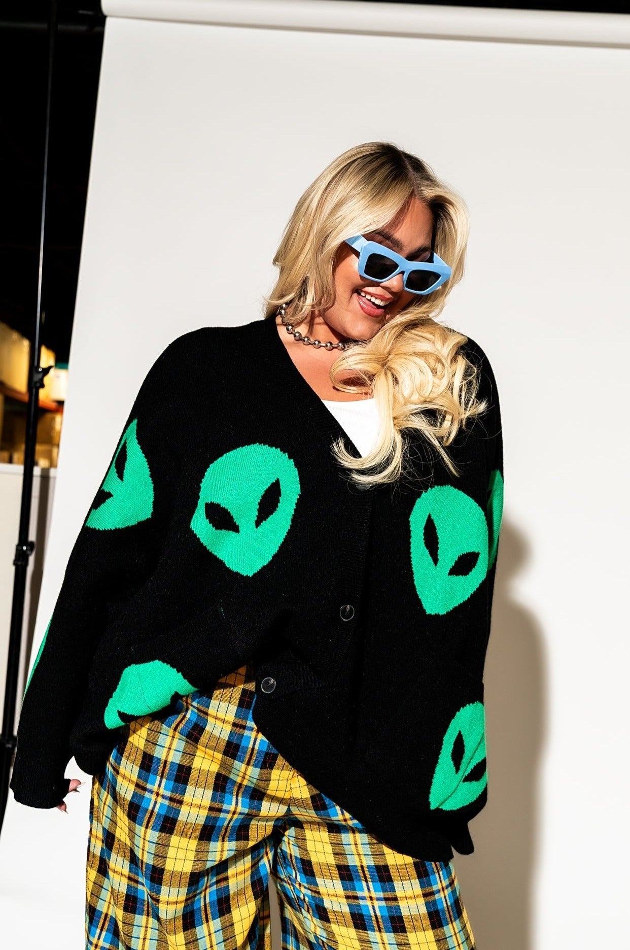 LALA ORIGINAL: Too Cool For You Oversized Alien Cardigan in Black - Dressed in Lala