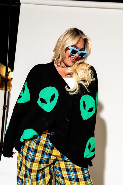 LALA ORIGINAL: Too Cool For You Oversized Alien Cardigan in Black - Dressed in Lala