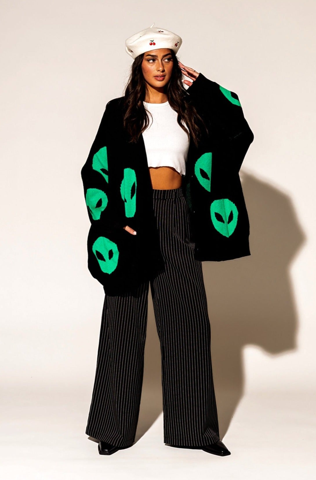 LALA ORIGINAL: Too Cool For You Oversized Alien Cardigan in Black - Dressed in Lala