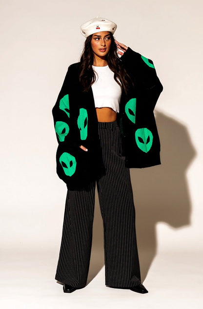 LALA ORIGINAL: Too Cool For You Oversized Alien Cardigan in Black - Dressed in Lala