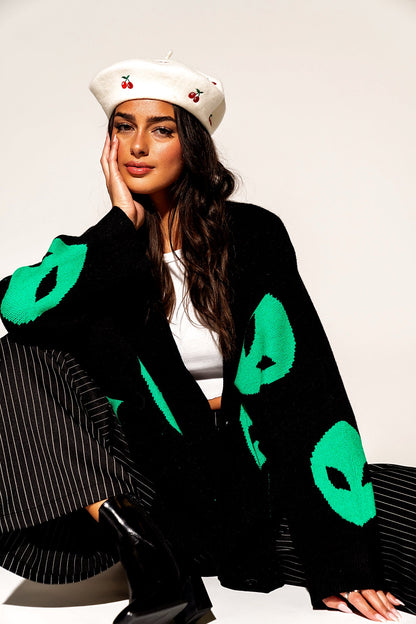 LALA ORIGINAL: Too Cool For You Oversized Alien Cardigan in Black - Dressed in Lala