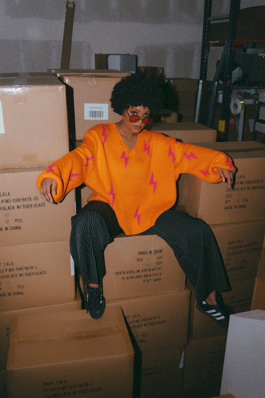 LALA ORIGINAL: Ultra Lala Oversized Lightning Bolt Knit in Pink + Orange - Dressed in Lala
