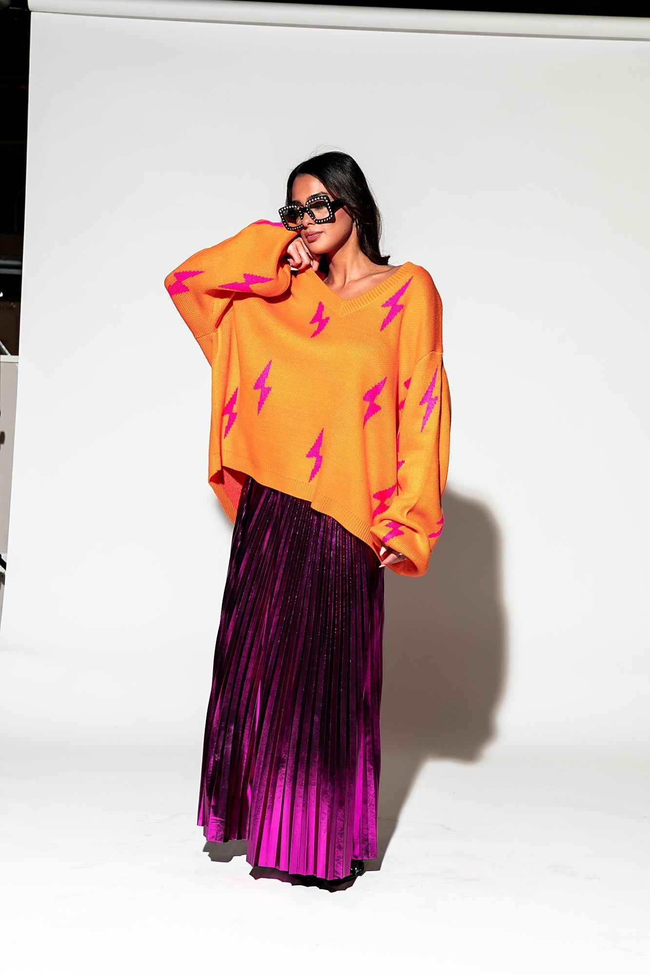 LALA ORIGINAL: Ultra Lala Oversized Lightning Bolt Knit in Pink + Orange - Dressed in Lala