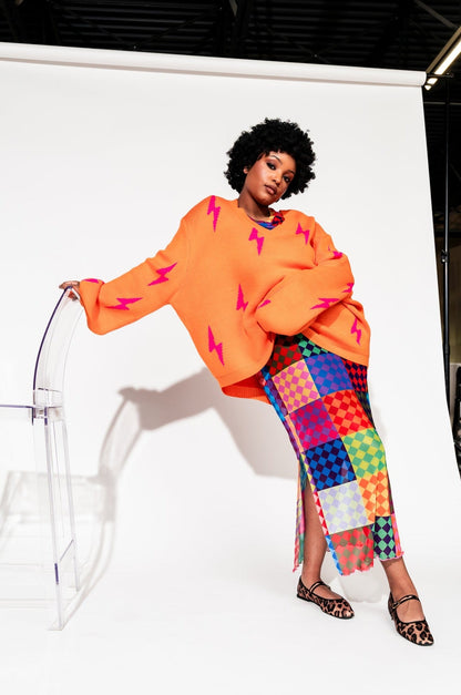 LALA ORIGINAL: Ultra Lala Oversized Lightning Bolt Knit in Pink + Orange - Dressed in Lala