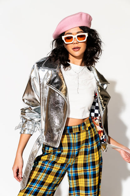 LALA ORIGINAL: Vegan Leather Metallic Moto Jacket in Silver - Dressed in Lala