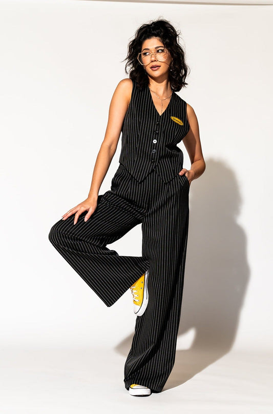 LALA ORIGINAL: Wide Leg Trousers in Boss B*tch Pinstripe (Black) - Dressed in Lala