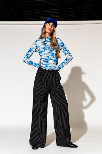 Wide Leg Trousers in Boss B*tch Pinstripe (Black) *RESTOCKED*
