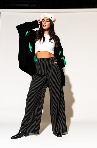 LALA ORIGINAL: Wide Leg Trousers in Boss B*tch Pinstripe (Black) - Dressed in Lala